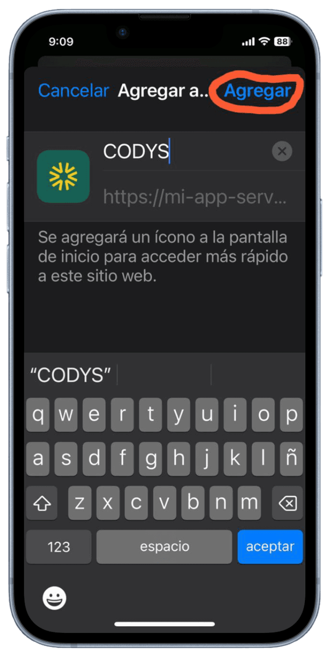Paso 3: Confirmar el nombre y agregar a la pantalla de inicio
