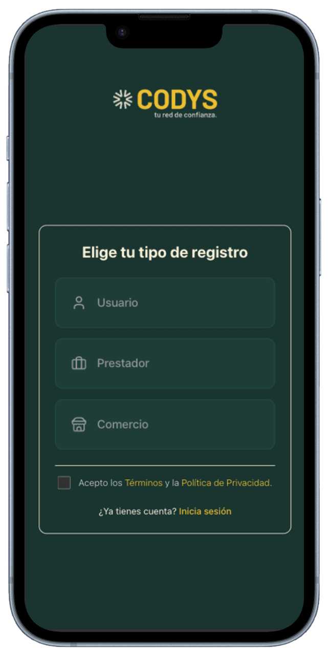 Aplicación Codys mostrando la sección de Elige tu categoría
